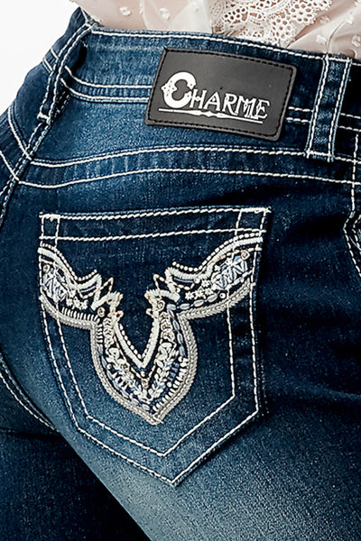 Heavy Stitch Embellishment Mid Rise Capri Jeans